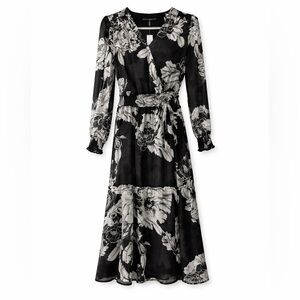 WHBM Black and White Floral Printed Long sleeve Smocked Waist Midi Dress Size 2